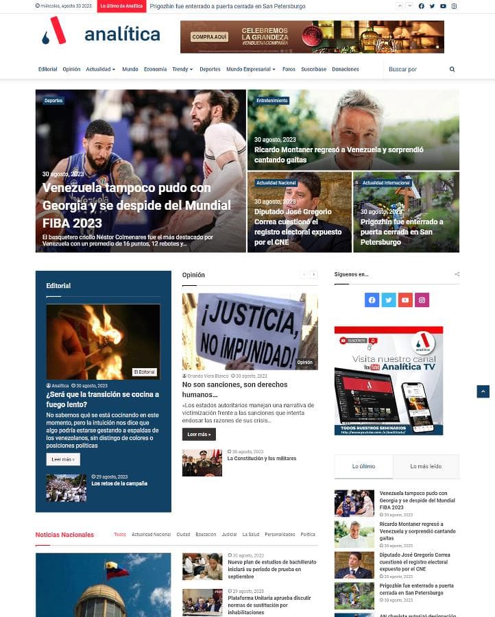 Captura de pantalla del home page de analitica.com